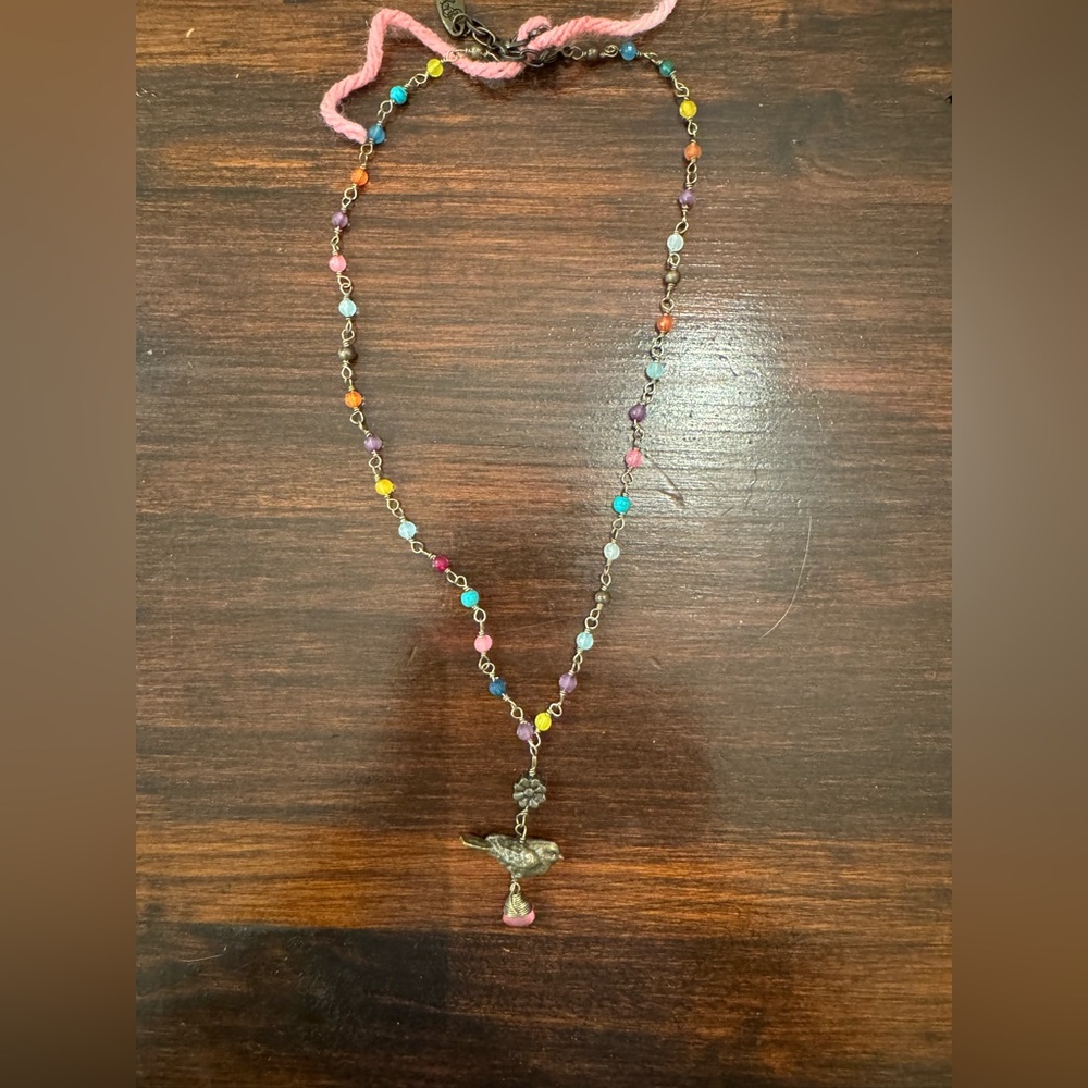 Plunder Multicolor Beaded Necklace with Silver Bird Pendant- never worn